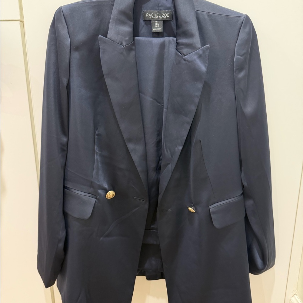 Rachel Zoe Dark Navy Satin Suit with Gold-Tone Details